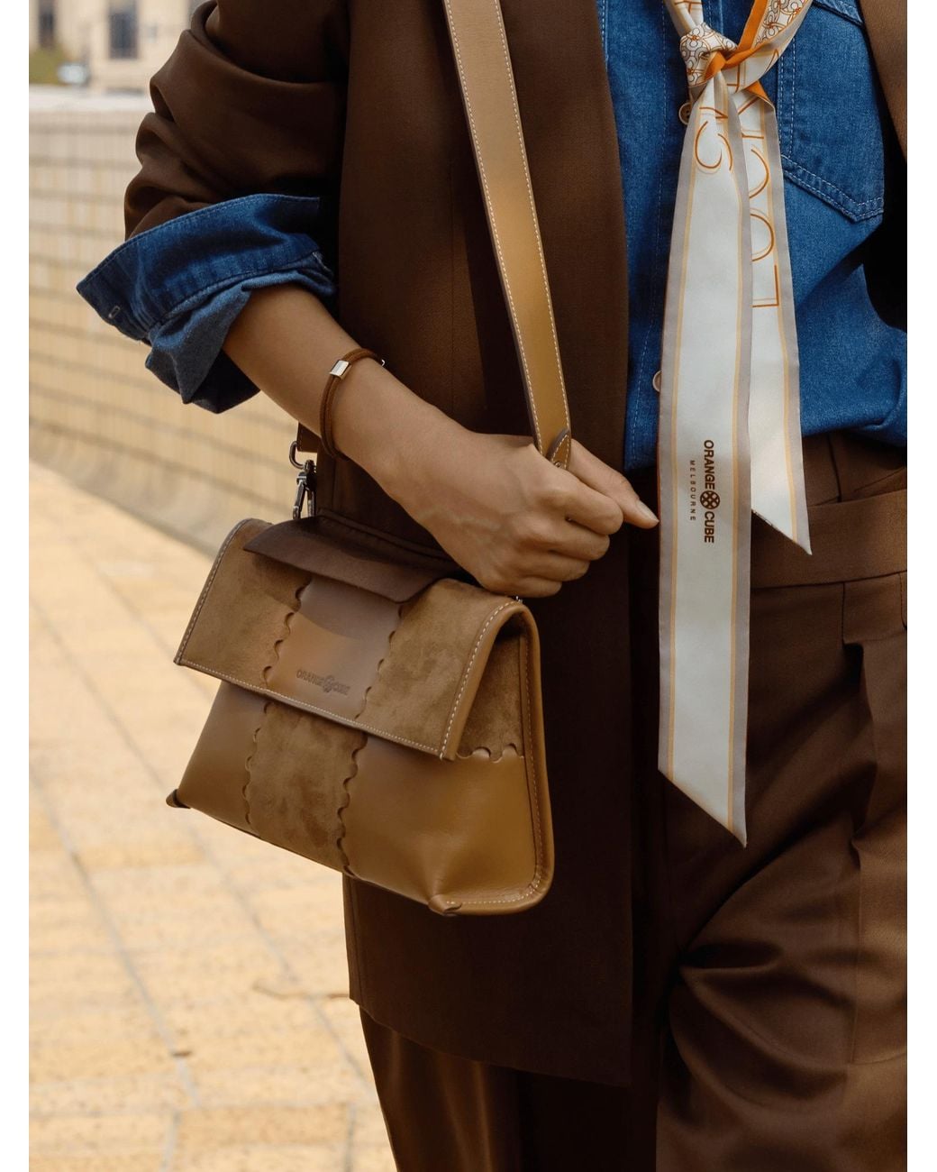 Orange Cube Natural Square Stitch Messenger Bag