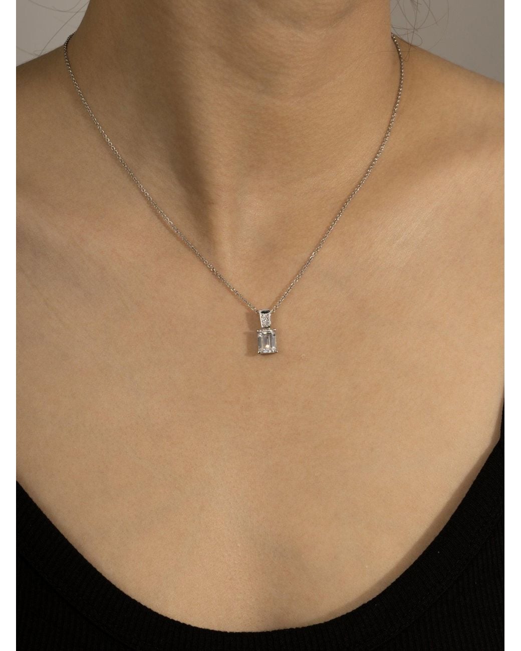 Diamonbliss Metallic Embellished With Swarovski Plated Emerald Cut Solitaire Drop Pendant Necklace, One And Half Carats