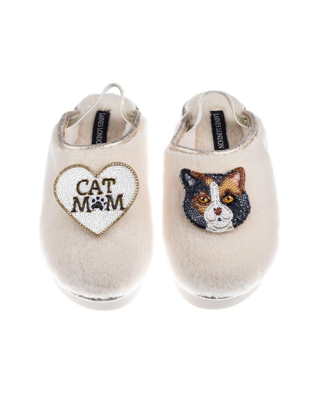 Laines London Metallic Neutrals Flatform Cloud Slippers With Calico British Shorthair Cat & Cat Mum/Mom Brooches