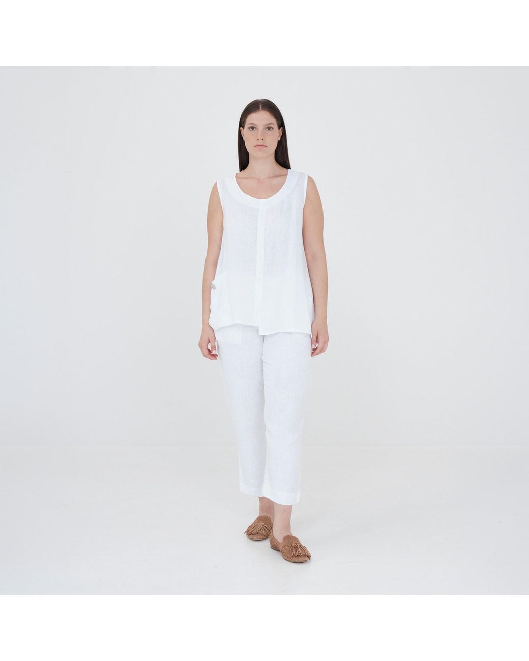 Haris Cotton White Front Pocket Linen Sleeveless Top