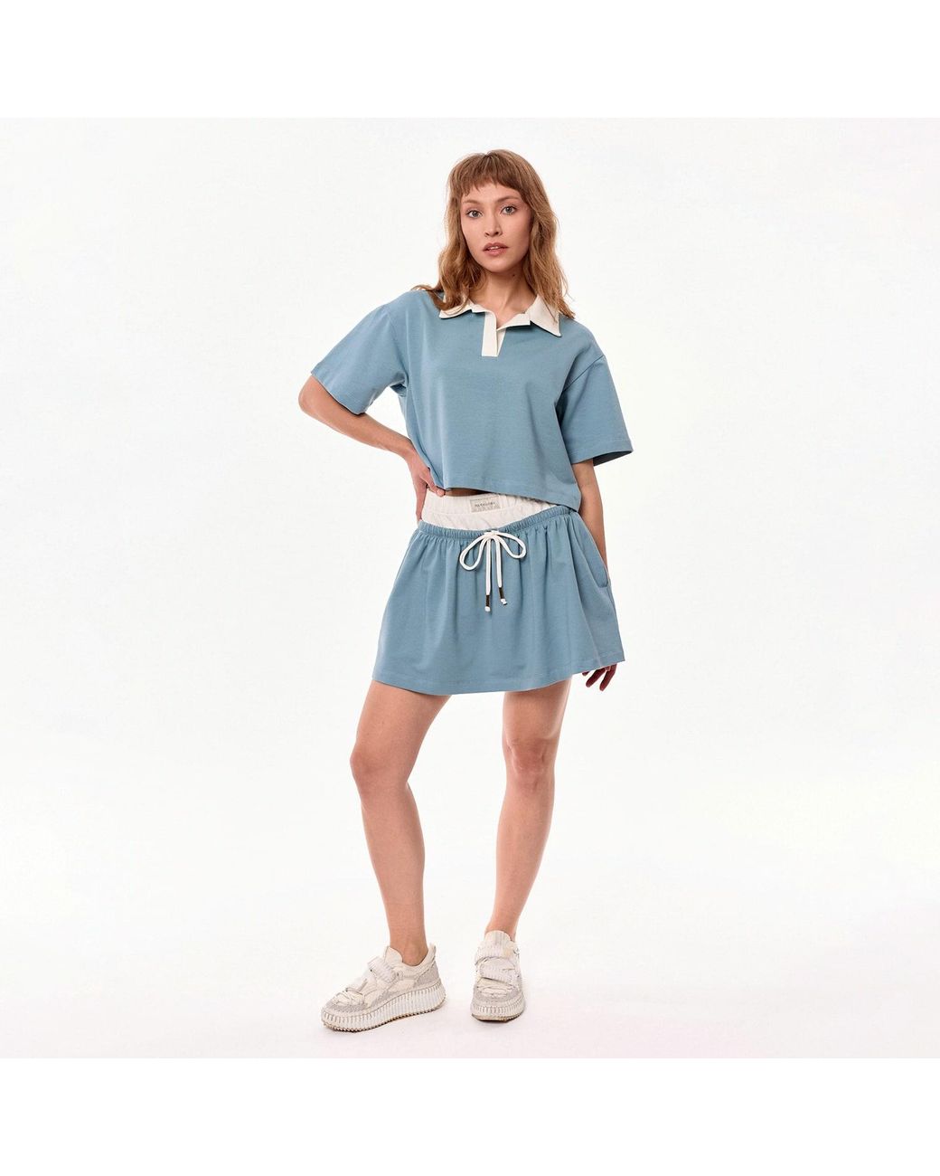 Mandragora Blue Sage Cotton Skirt With Contrasting Fabrics – Goia