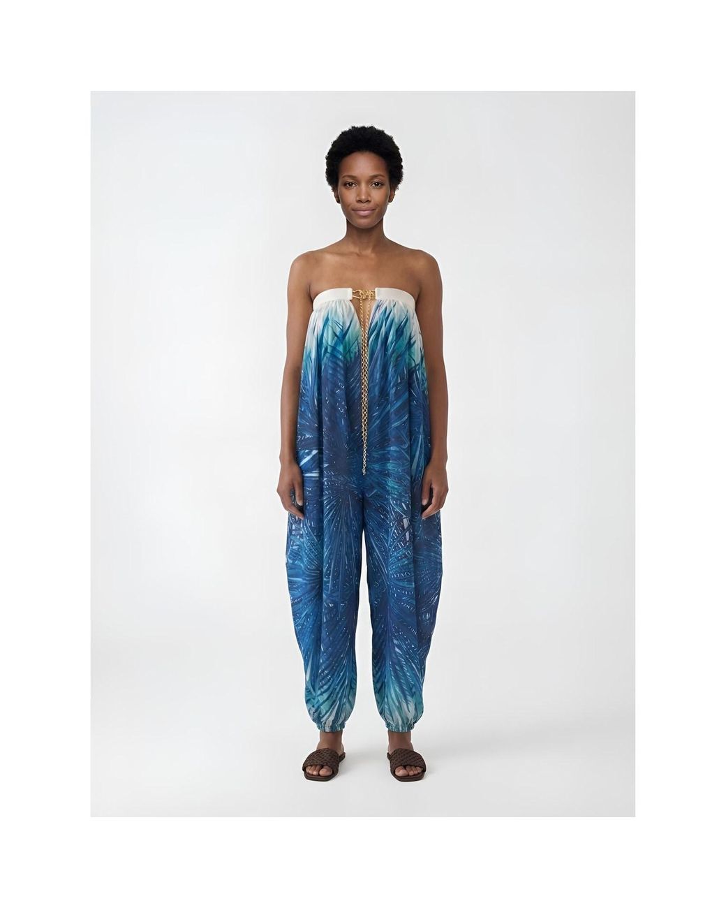 Women & Women Blue Tropical Palm Print Chiffon Jumpsuit