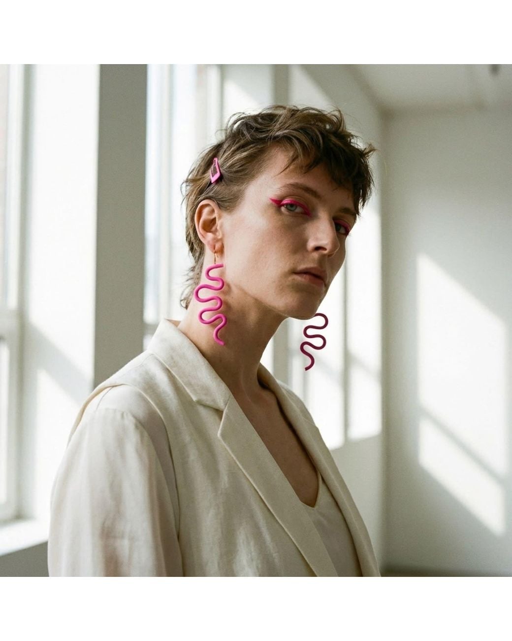 By Chavelli Pink Small Tube Squiggles Dangly Earrings