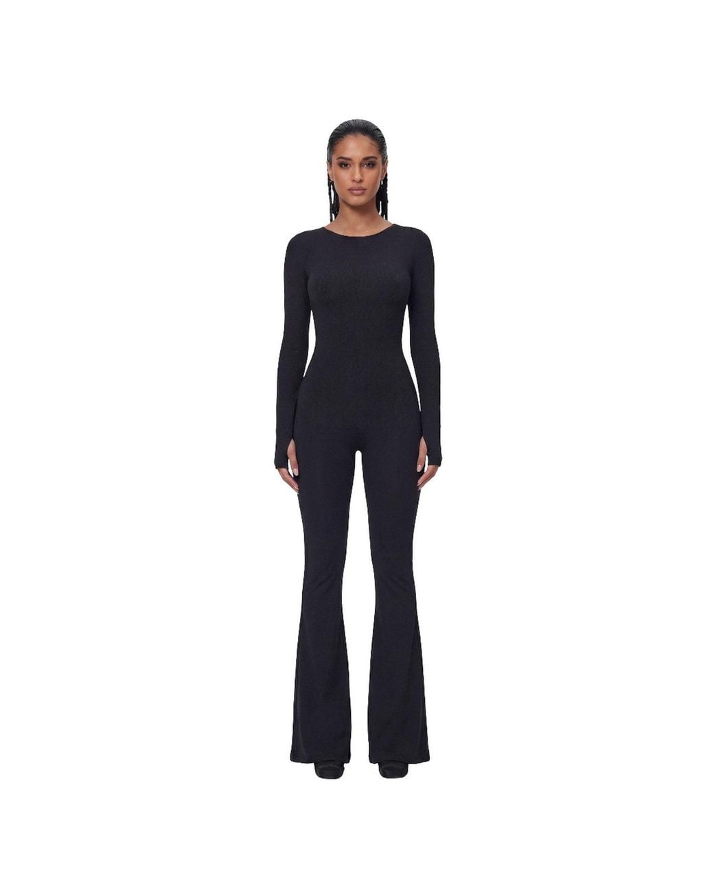 Monosuit Black Ribbed Bootcut Flared-Leg Jumpsuit