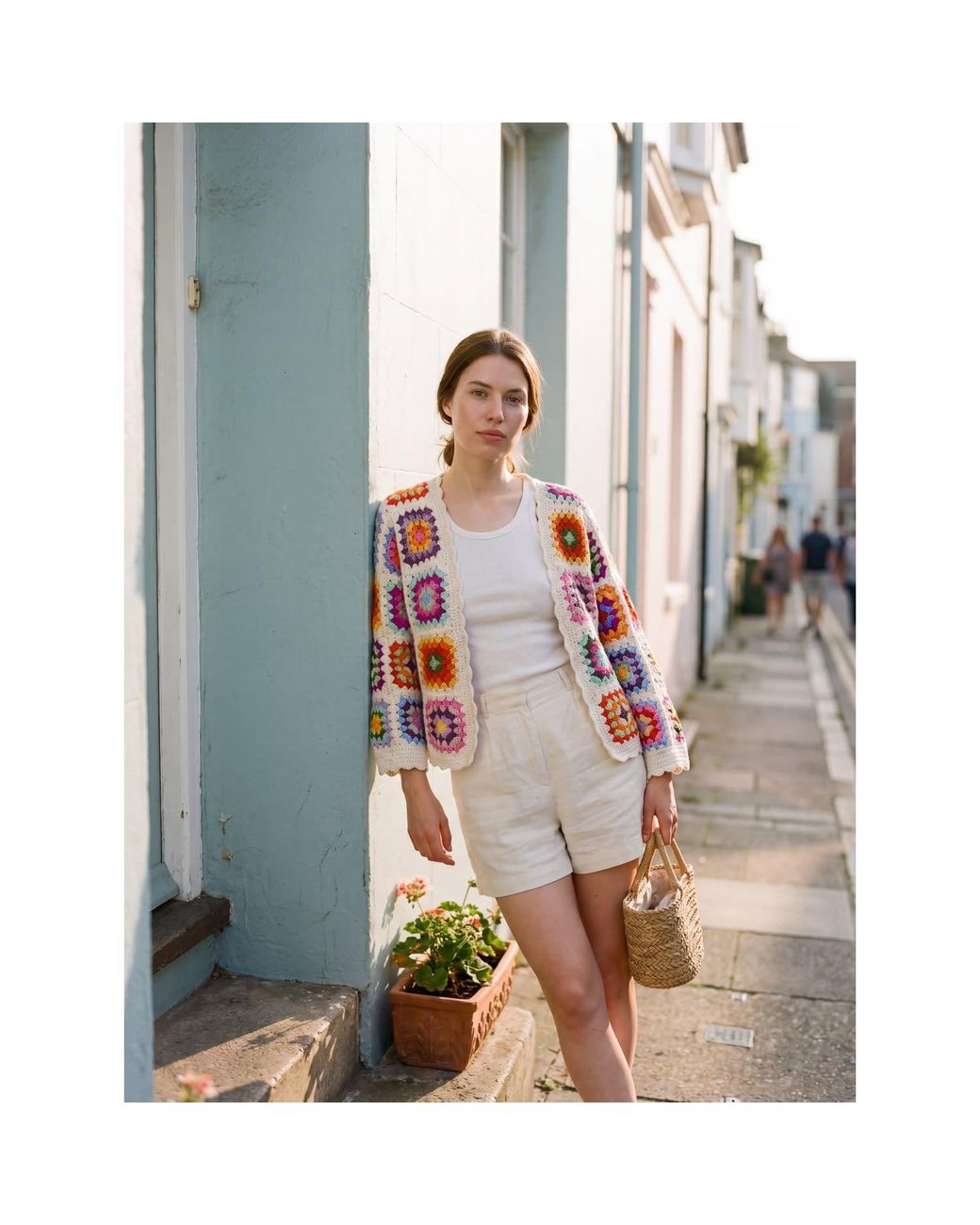 Ana Chic Red Cream Granny Square Handmade Crochet Oversized Cardigan