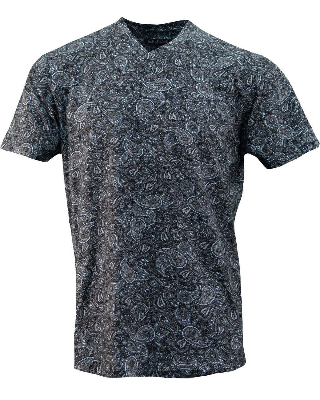 Lords of Harlech Blue Paisley Cotton-Blend V-Neck Tee for men