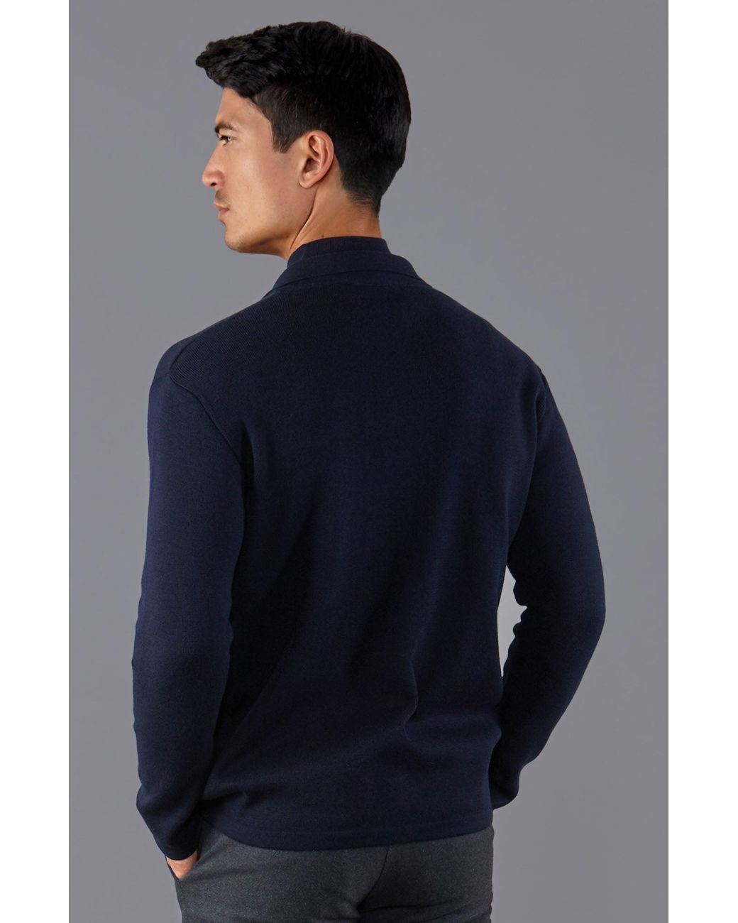 Paul James Knitwear Blue Ultra Fine Cotton Mock Turtle Neck Spencer Jumper for men