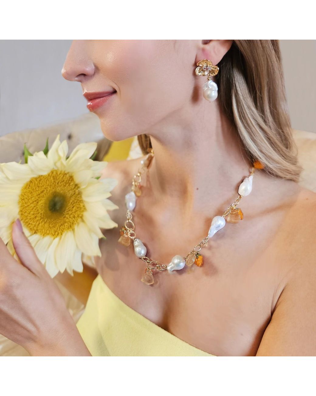 Farra Metallic Garden Floral Baroque Pearl Necklace With Raspberry & Citrine