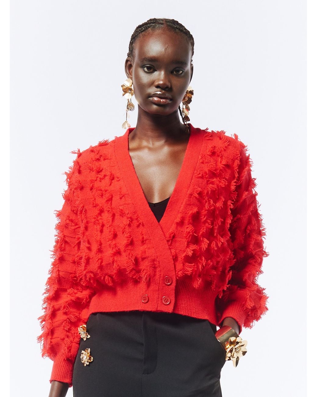Sour Figs Red Fringed Checkerboard Cardigan