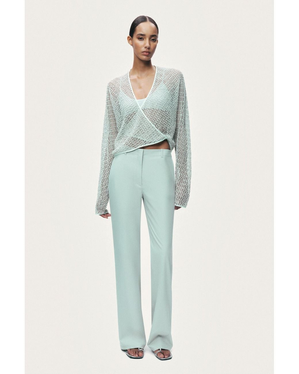Nocturne Green Wrap Mesh Blouse