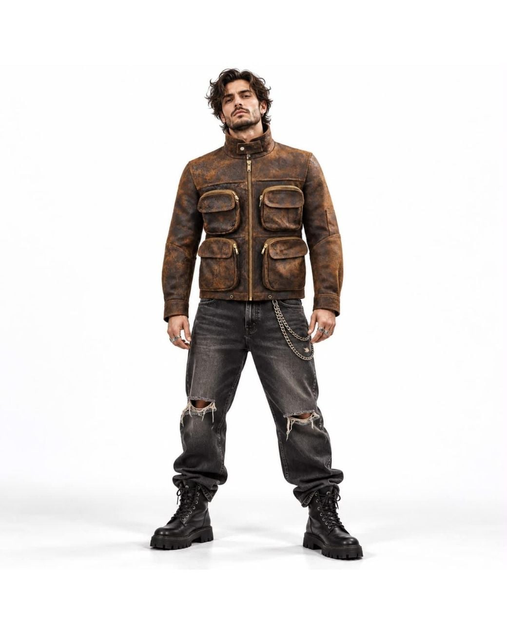 Zasta Studio Brown Heritage Luxe Textured Leather Jacket for men