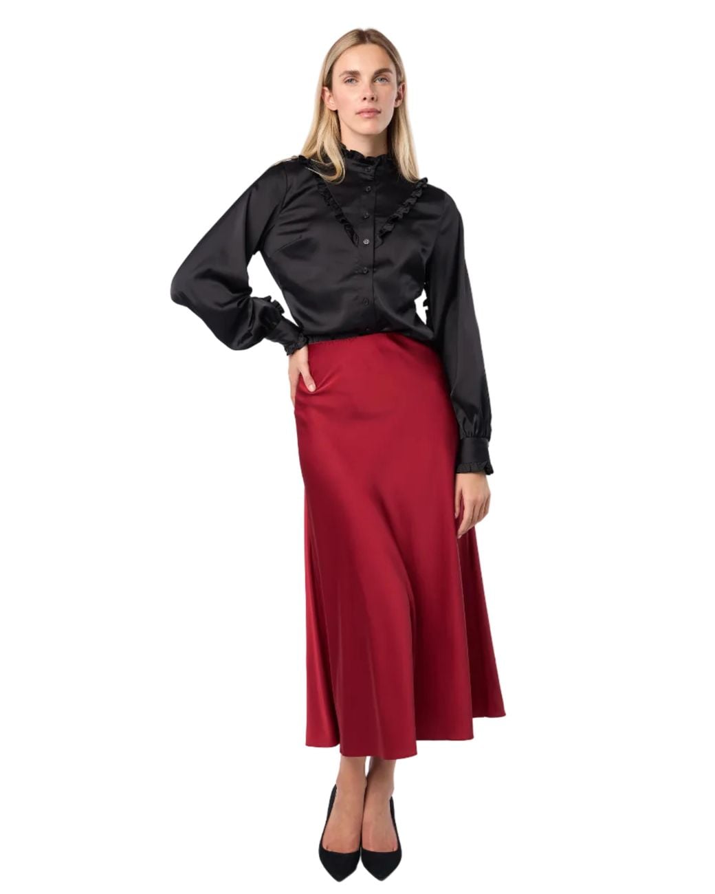 Carloslines Black Ruffle Stand Collar Long Sleeve Shirt