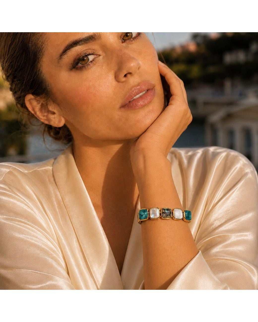 By Ozge Green Aegean Mosaic Mother Of Pearl & Abalone Plated Bracelet