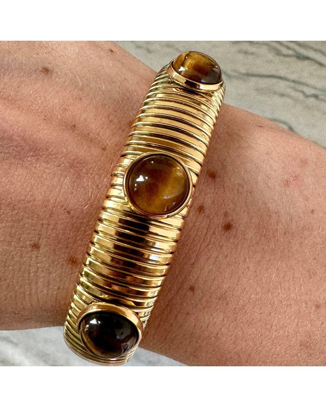 Laura Gray Metallic Tiger's Eye Or Lapis Plate Omega Bracelet