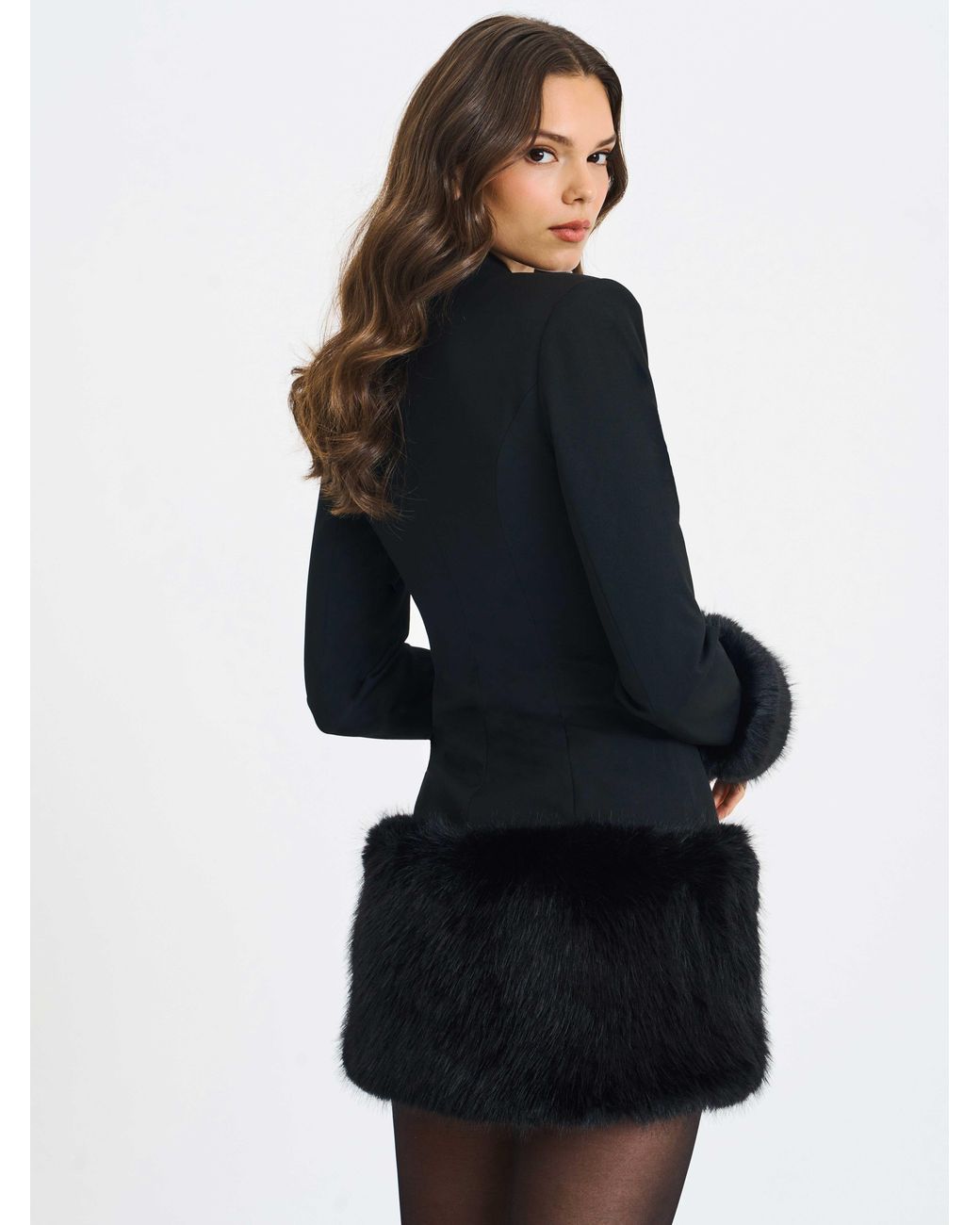 Miss Circle New York Blue Wenona Fur Trimmed V-Neck Mini Blazer Dress