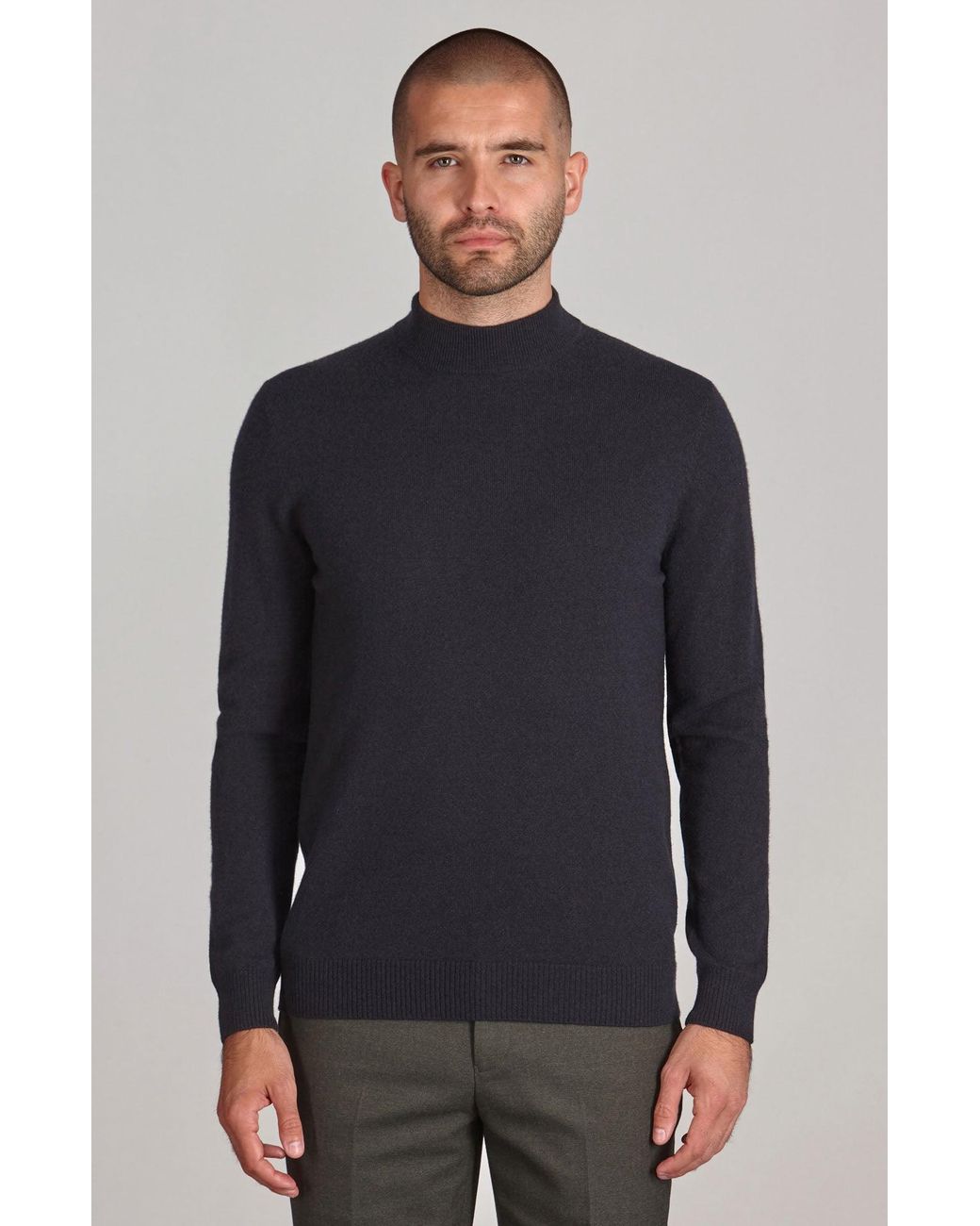 Paul James Knitwear Blue Lightweight Merino Cashmere Tristan Mock Turtle Neck Jumper for men