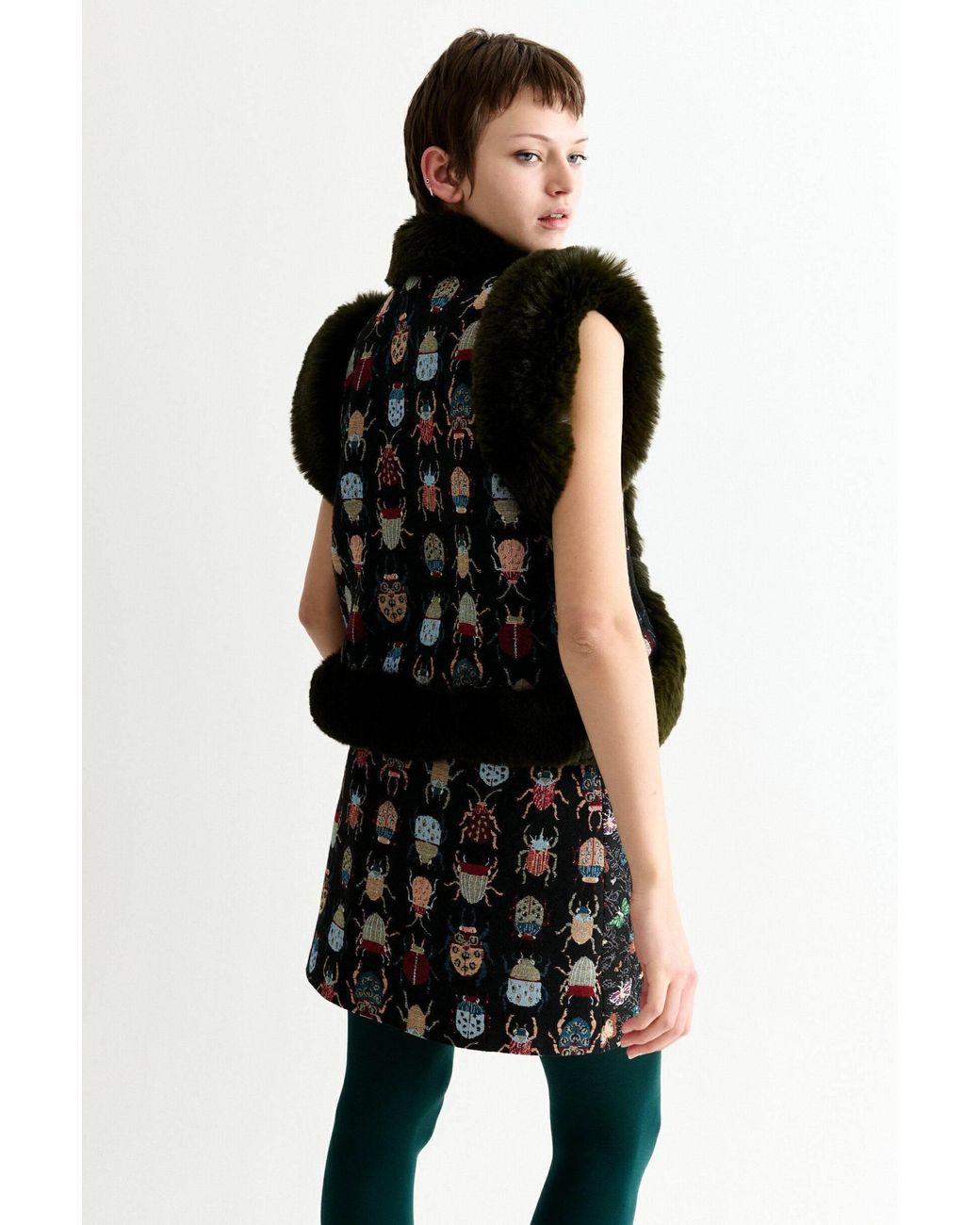 Louche Green Dominica Beetlejuice Jacquard Faux Fur Trimmed Waistcoat