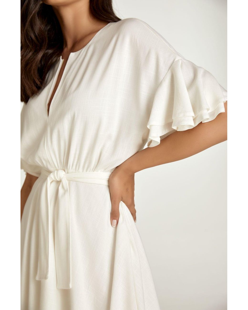 Conquista White Neutrals Ecru Dress With Ruffle Sleeves