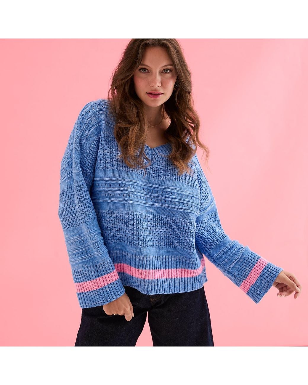 Cara & The Sky Blue Judith Pointelle Stitch V Neck Jumper