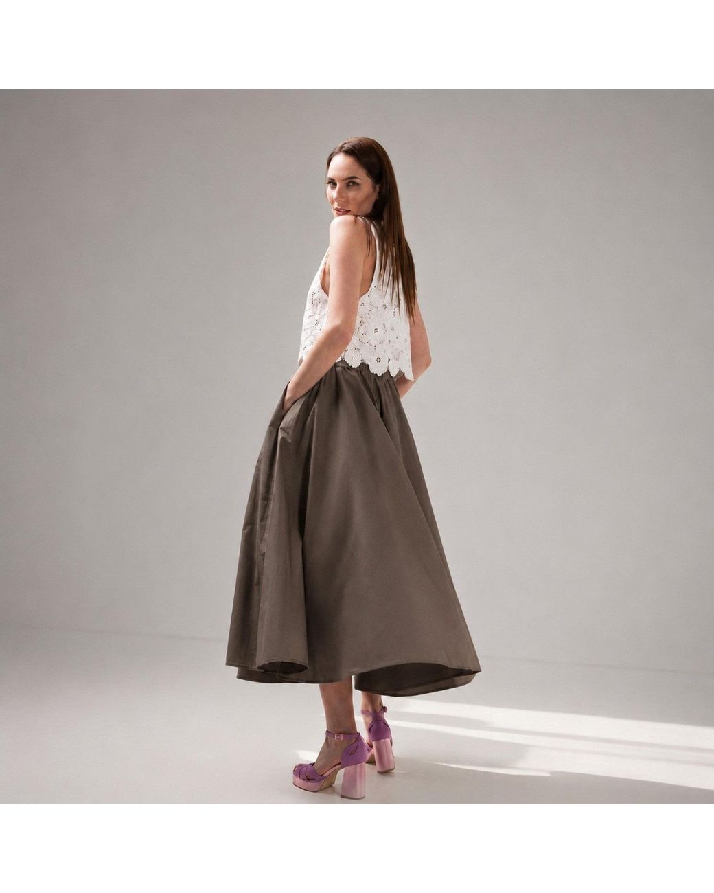 IZABELA MANDOIU Brown Elegant Chocolate Full Circle Midi Skirt With Elastic Waistband
