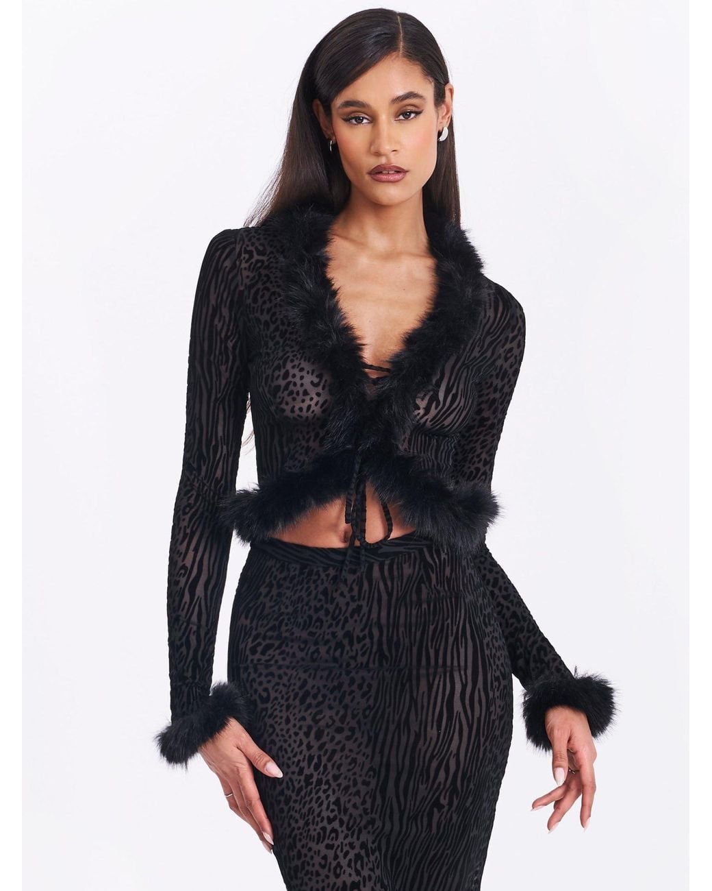 Miss Circle New York Black Halia Animal Print Burnout Velvet Fur Trim Skirt
