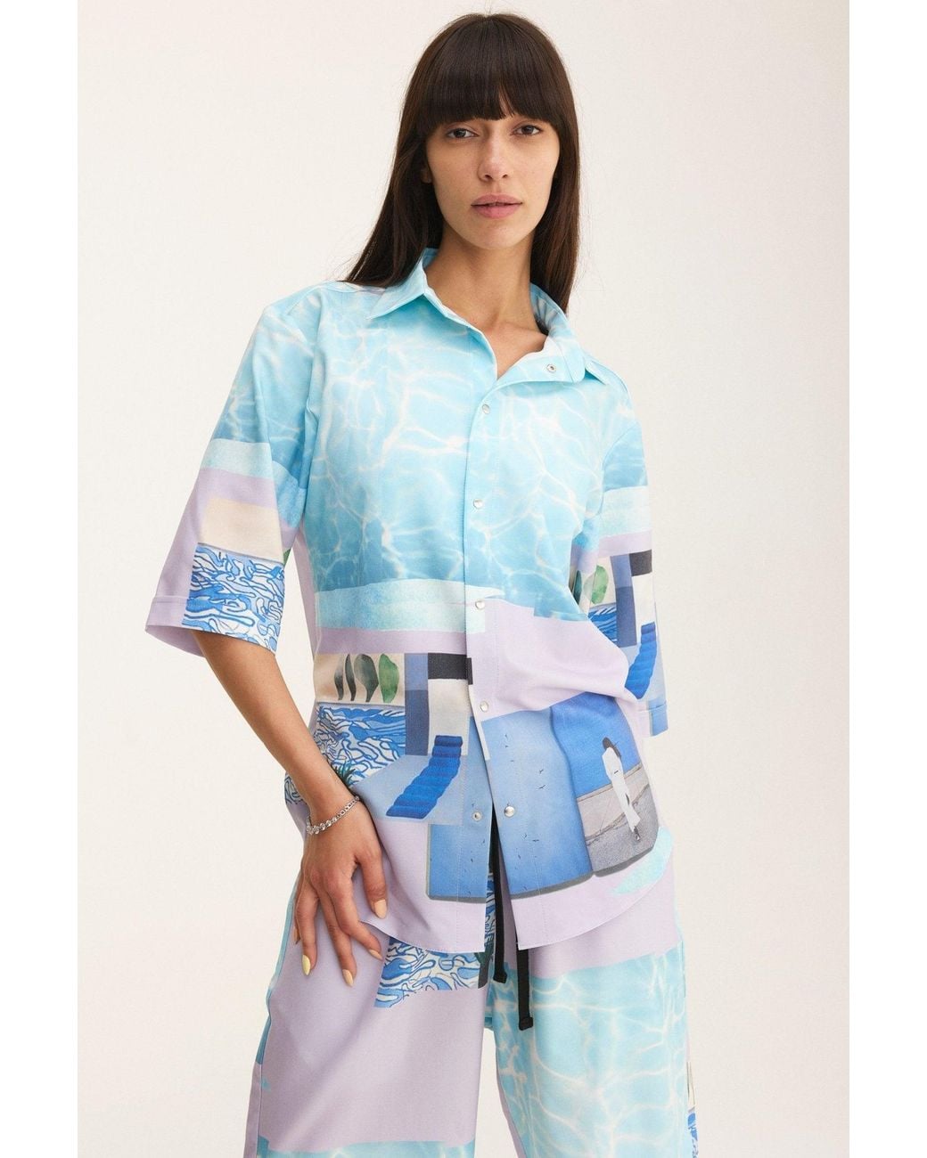 mysimplicated Blue Short Sleeve Shirt And Bermuda Set With Water Design