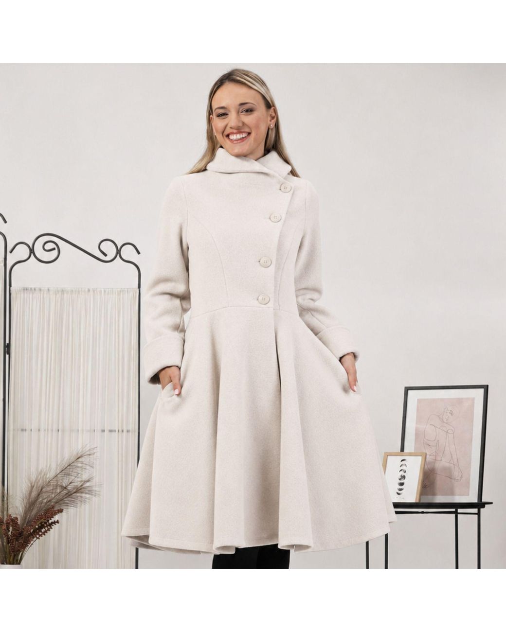 Nikka Place Natural Flared Wool Winter Coat With Buttons