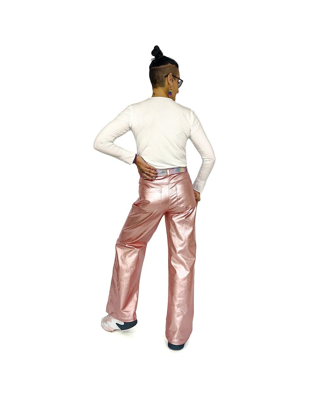 Lalipop Design Pink Metallic Finish Cotton-Blend Wide-Leg Pants