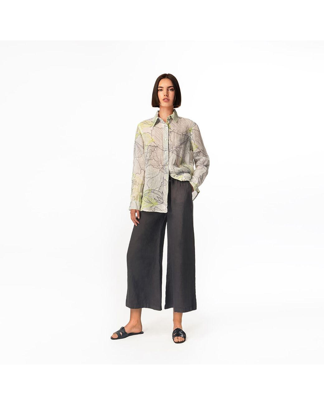 Haris Cotton Blue Drawstring Waist Wide Leg Linen Pants Crystal