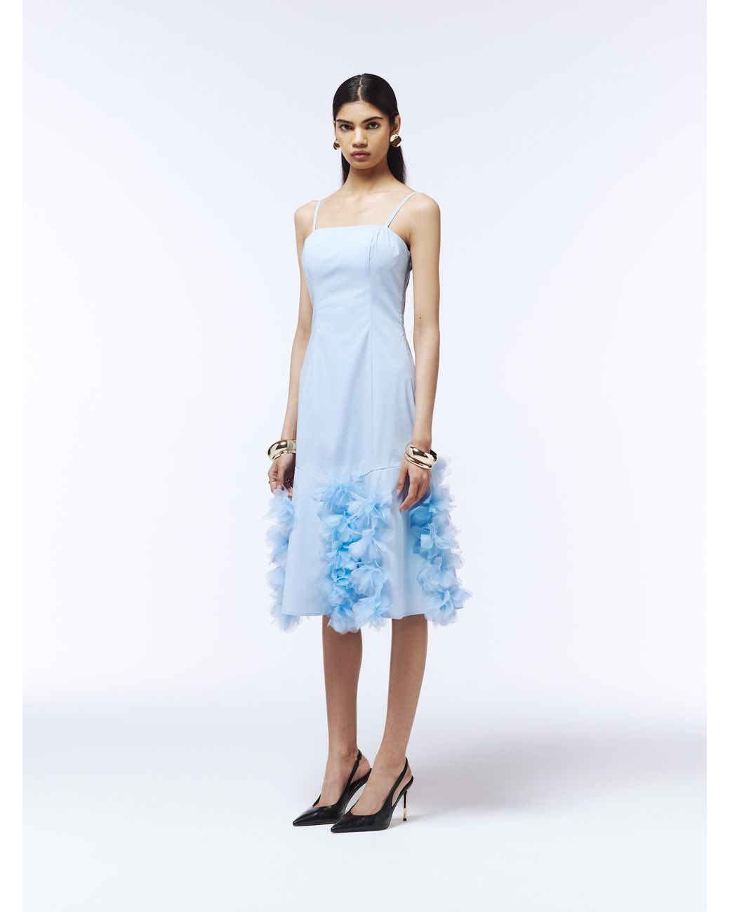 Sour Figs Blue Watercolour-Edge Floral Appliqué Midi Slip Dress