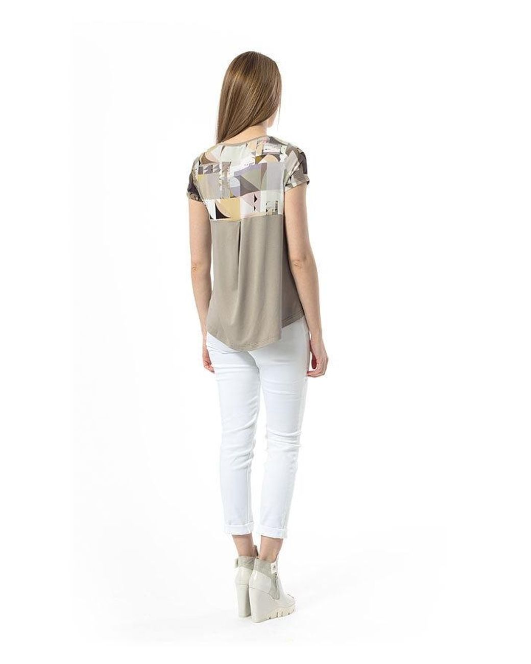 Conquista Natural Short Sleeved Geometric Print Top
