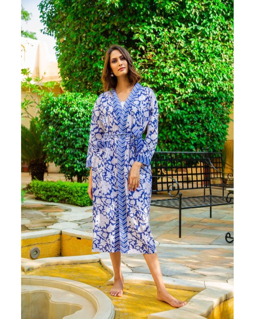 NoLoGo-chic Blue Hand Printed Kimono Robe China Cotton