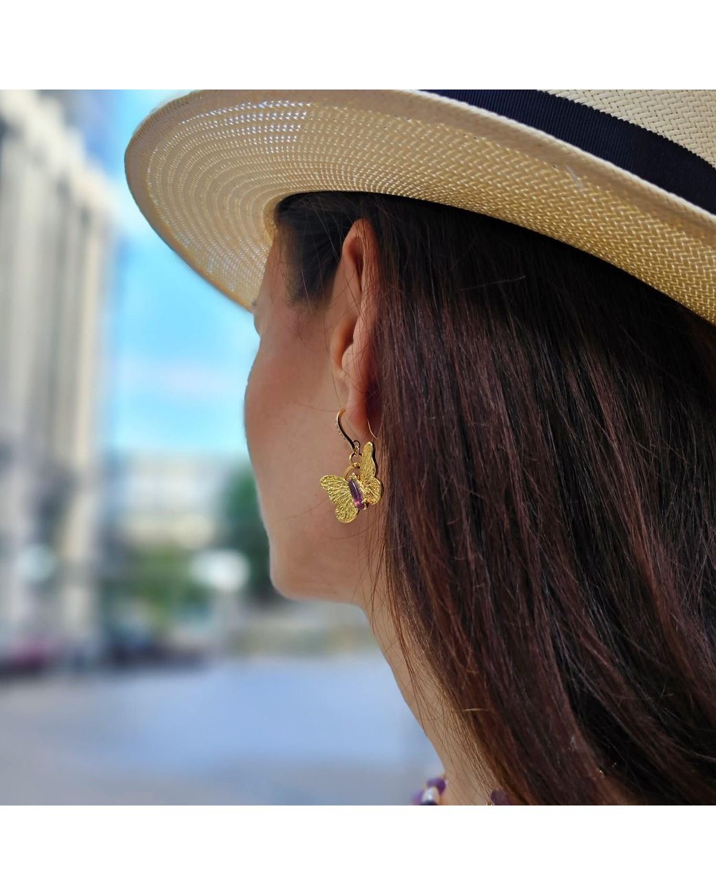 Farra Metallic Butterfly With Amethyst Stone Dangle Earrings