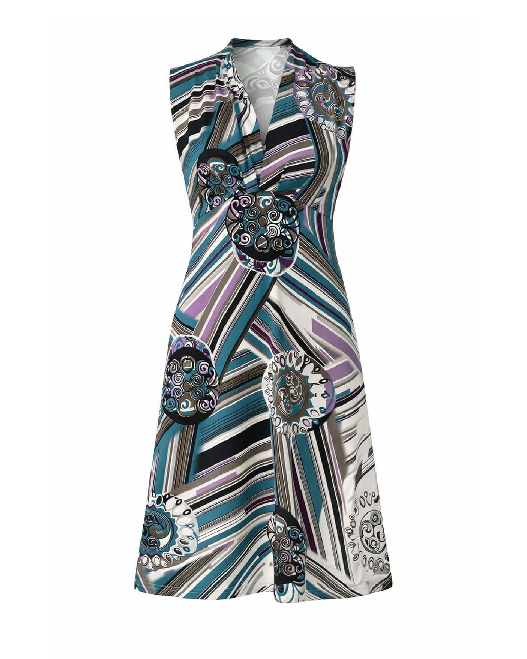 Conquista Blue Printed Sleeveless Wrap-Style Dress With V-Neckline