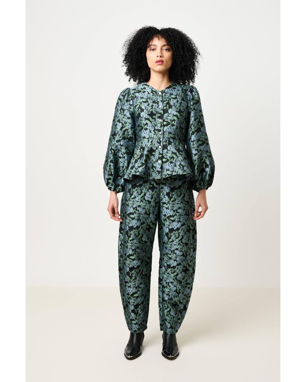 Louche Green Clementine Blossom Jacquard Peplum Blouse