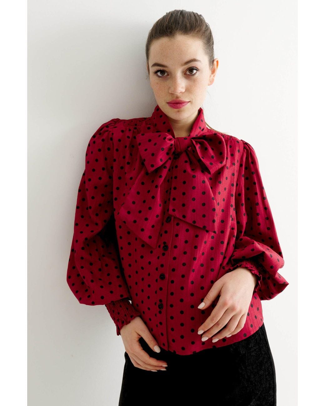 Louche Red Aditi Spot Tie Neck Blouse