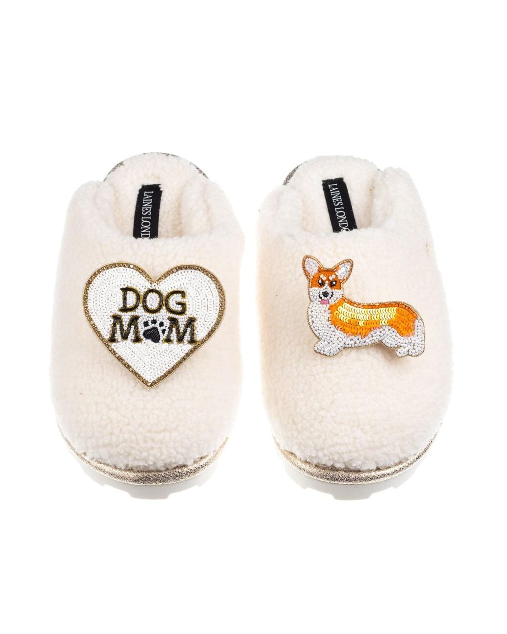 Laines London Metallic Neutrals Teddy Closed Toe Slippers With Dog Mum/Mom & Peach The Corgi Brooches