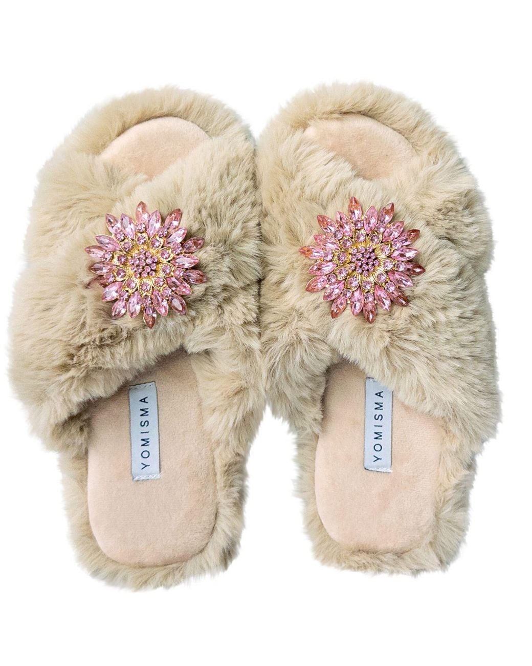 Yomisma Pink Neutrals Eco Faux Fur Slippers – Recycled Faux Fur + Removable Brooches