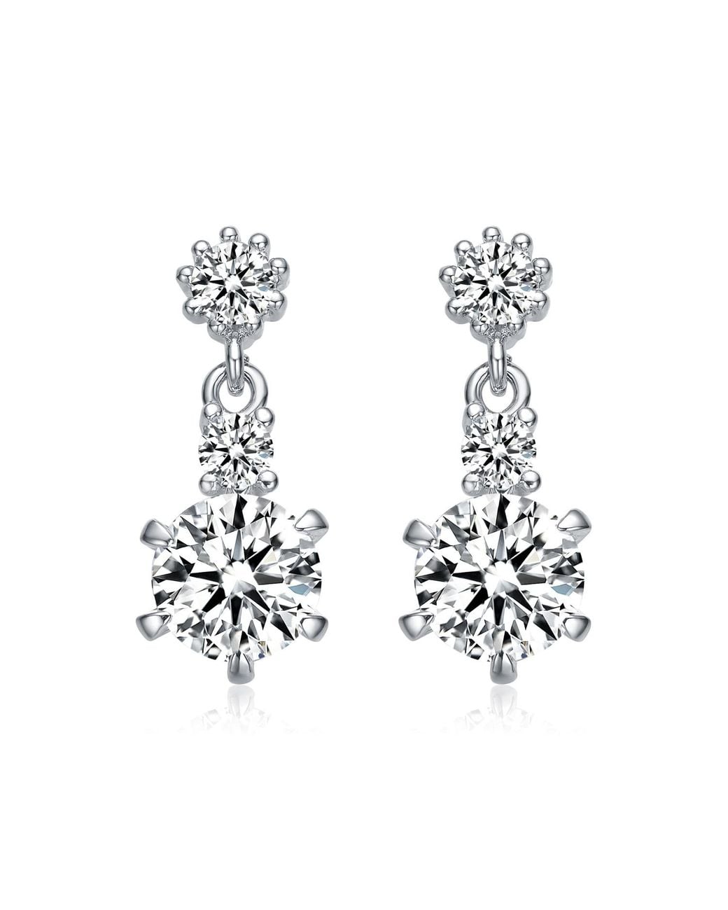 Genevive Jewelry White Sterling Plated With Clear Round Cubic Zirconia Three-Stone Drop Earrings