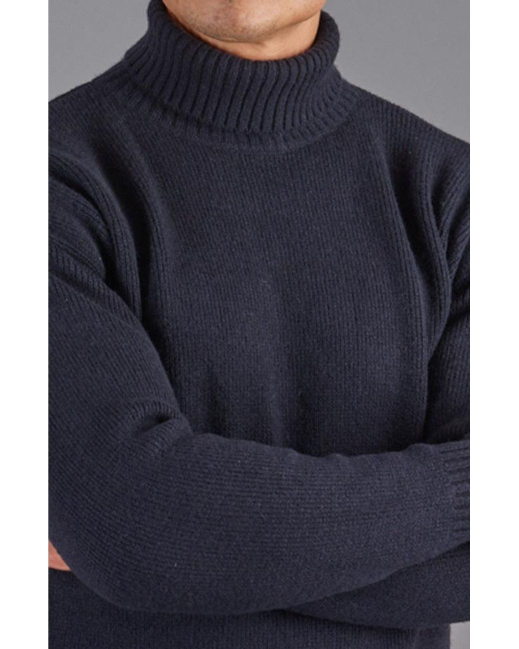 Paul James Knitwear Blue Merino Alessandro Cashmere Submariner Roll Neck Jumper for men