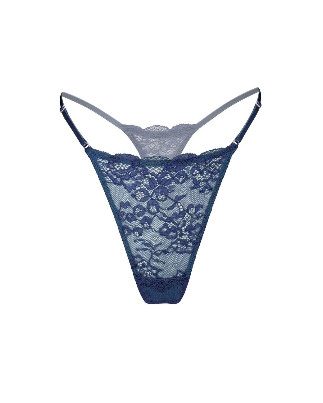 MONIQUE MORIN LINGERIE Blue Wild Lace Micro-G Thong Dark Denim