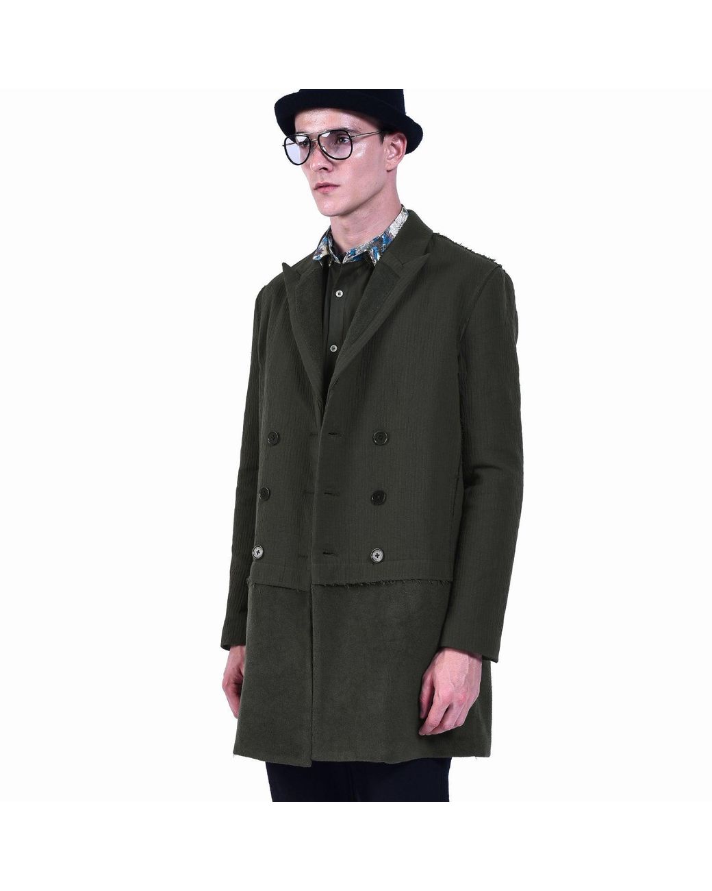 Smart and Joy Green Double-Breasted Long Coat With Printed Lining for men