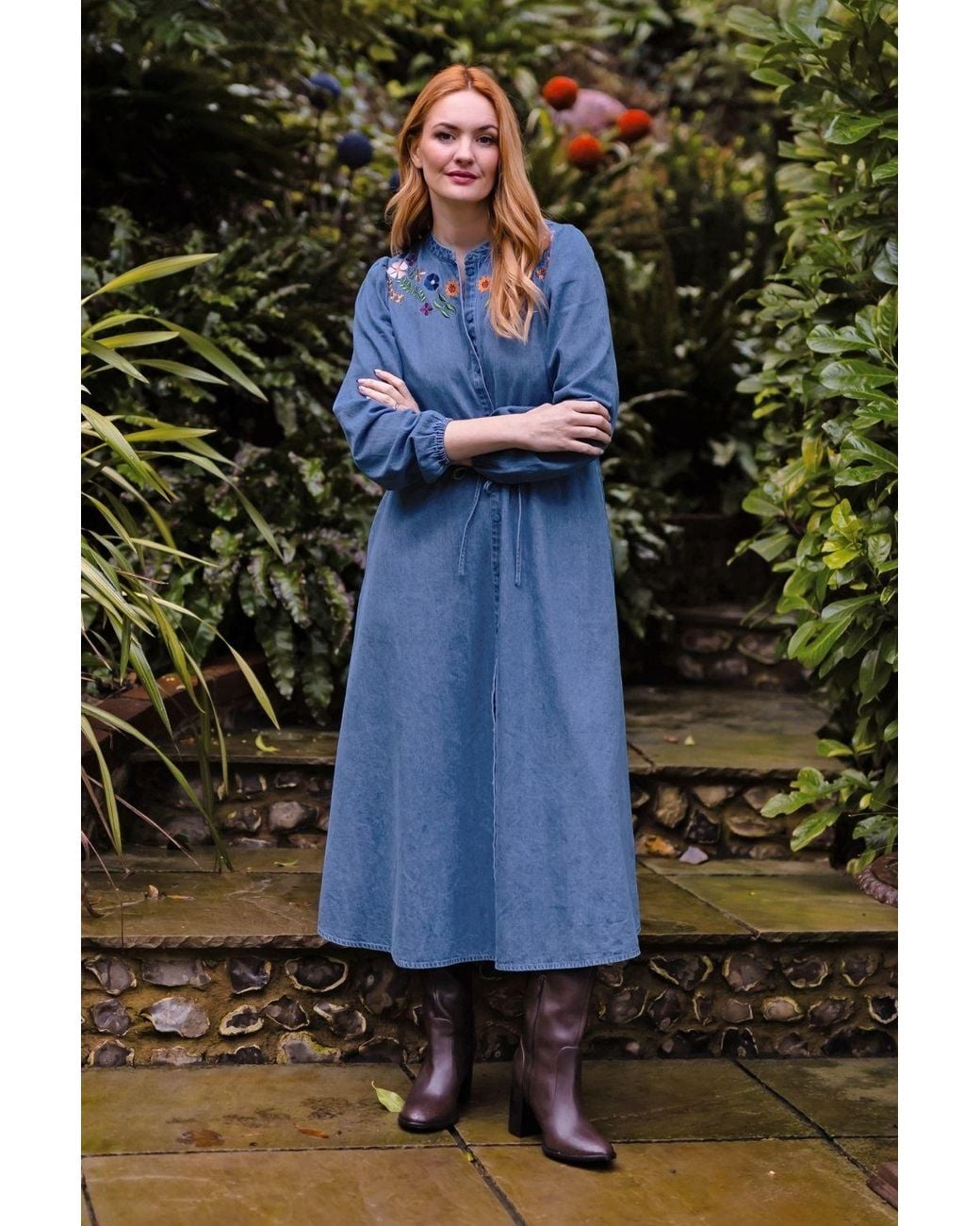 Sugarhill Blue Ivana Denim Midi Shirt Dress Floral Embroidery