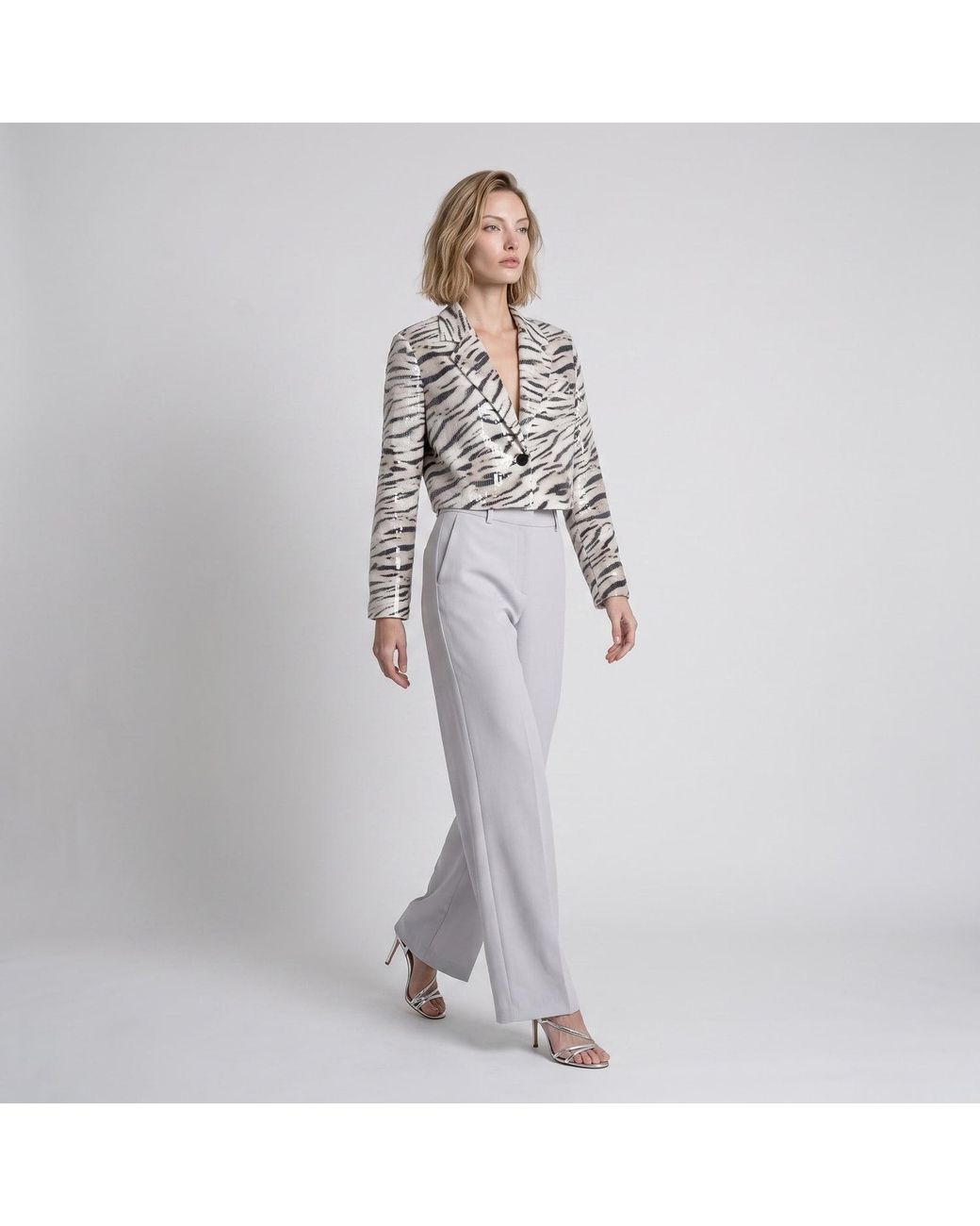 Modenaire Gray Leopard Print Sequin Cropped Jacket With Button Front