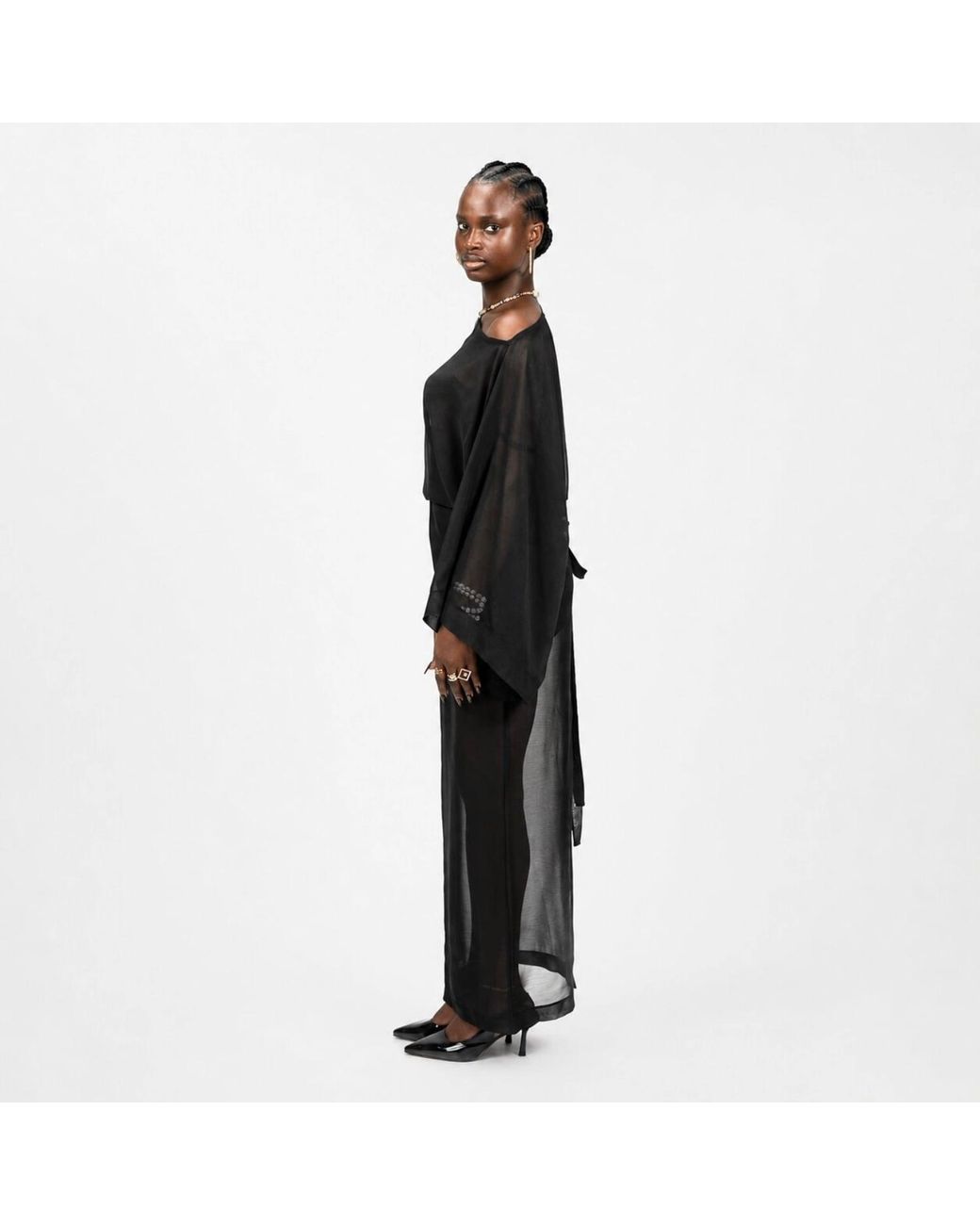 Chuks Collins Black Chiffon Convertible Batwing Dress