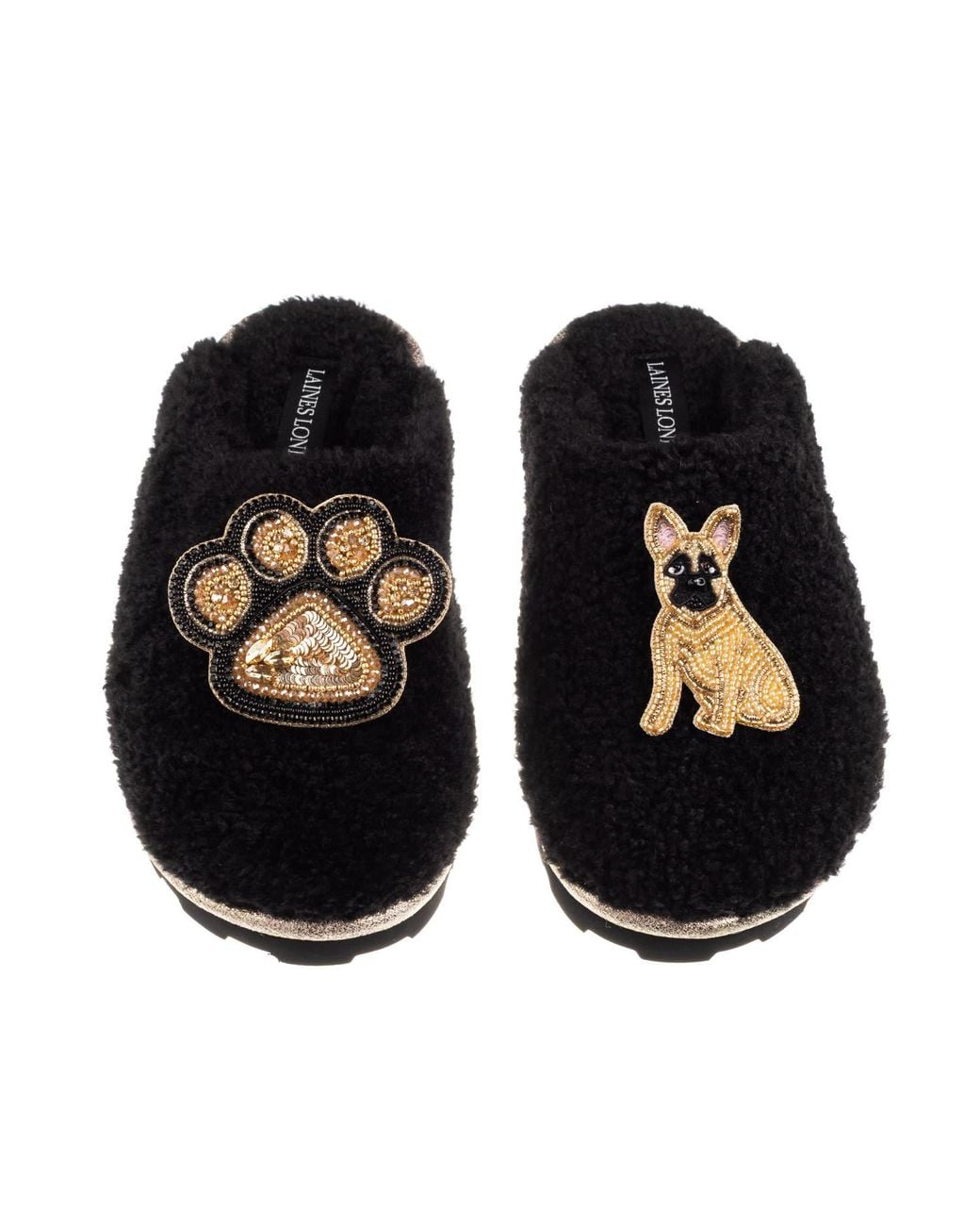 Laines London Black Teddy Closed Toe Slippers With Paw & Fawn Sitting French Bulldog Brooches