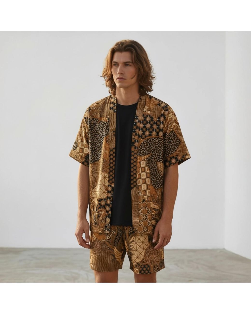 ORIGIN OF HEARTS Brown Neutrals Aumi & Summer Satin Kimono Co-Ord for men