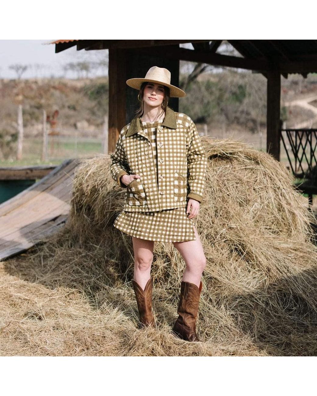 SUNSHINE TIENDA Green Painted Gingham Barn Jacket