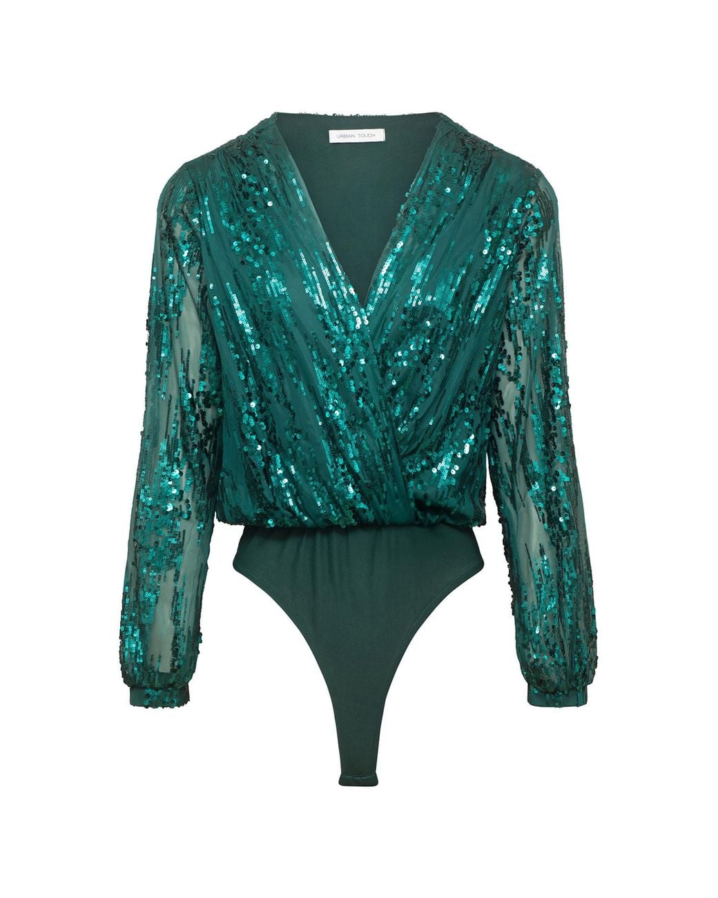 Urban Touch Green Sequin Wrap Bodysuit With Long Sleeve