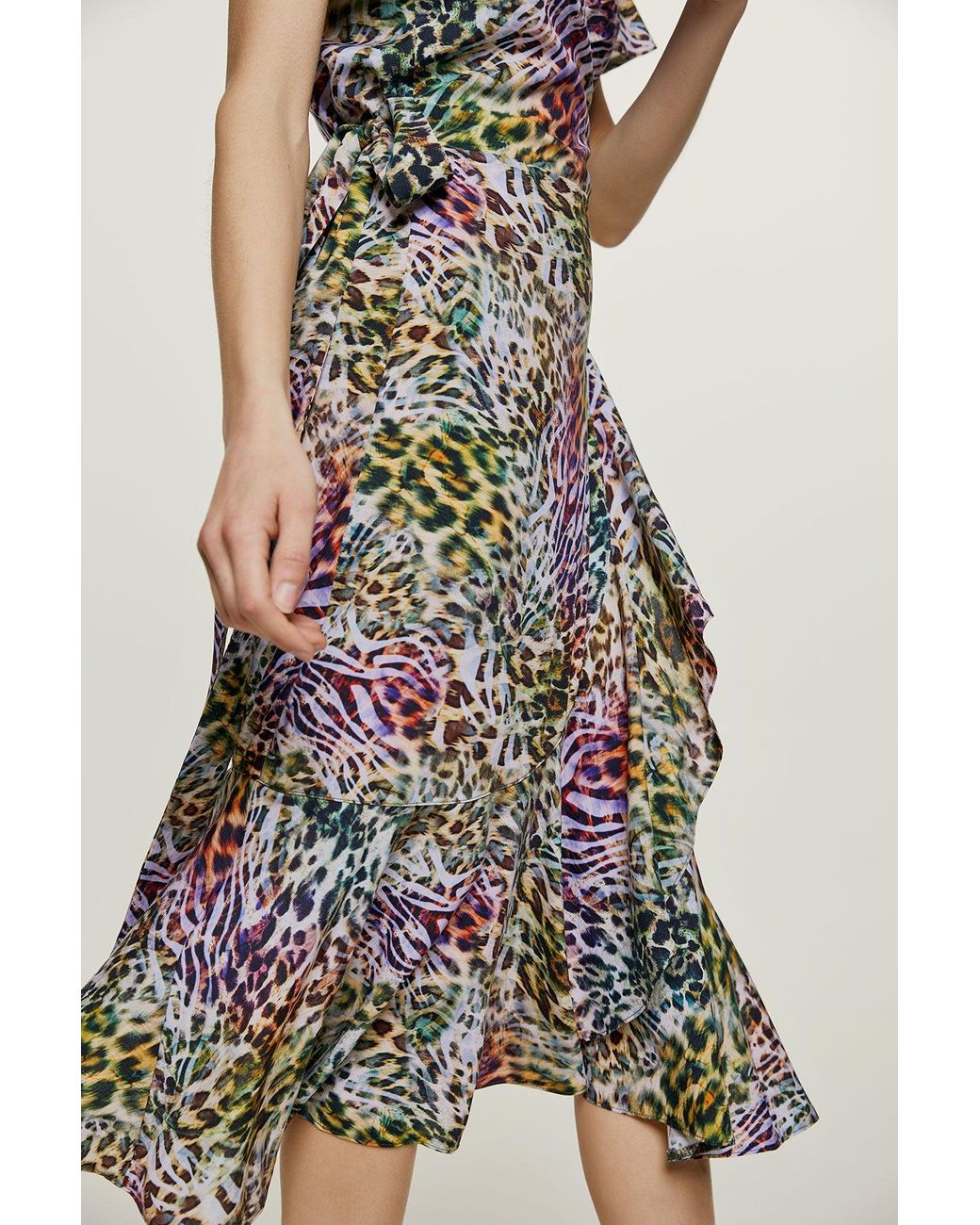 Conquista Multicolor Animal Print Ruffle Detail Wrap Dress